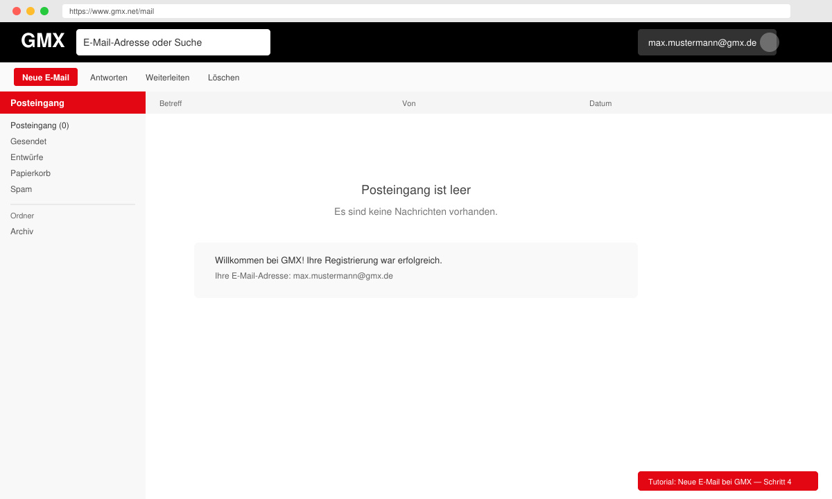Erfolgreich erstelltes GMX Postfach mit Posteingang Übersicht