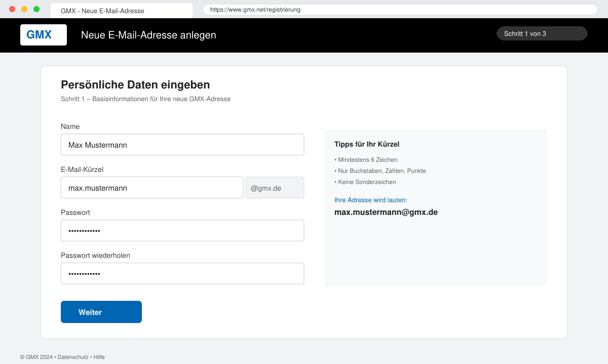 Neue email adresse anlegen GMX – Registrierungsformular