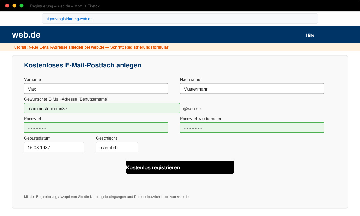 Registrierungsformular beim neuen Email Adresse anlegen web de