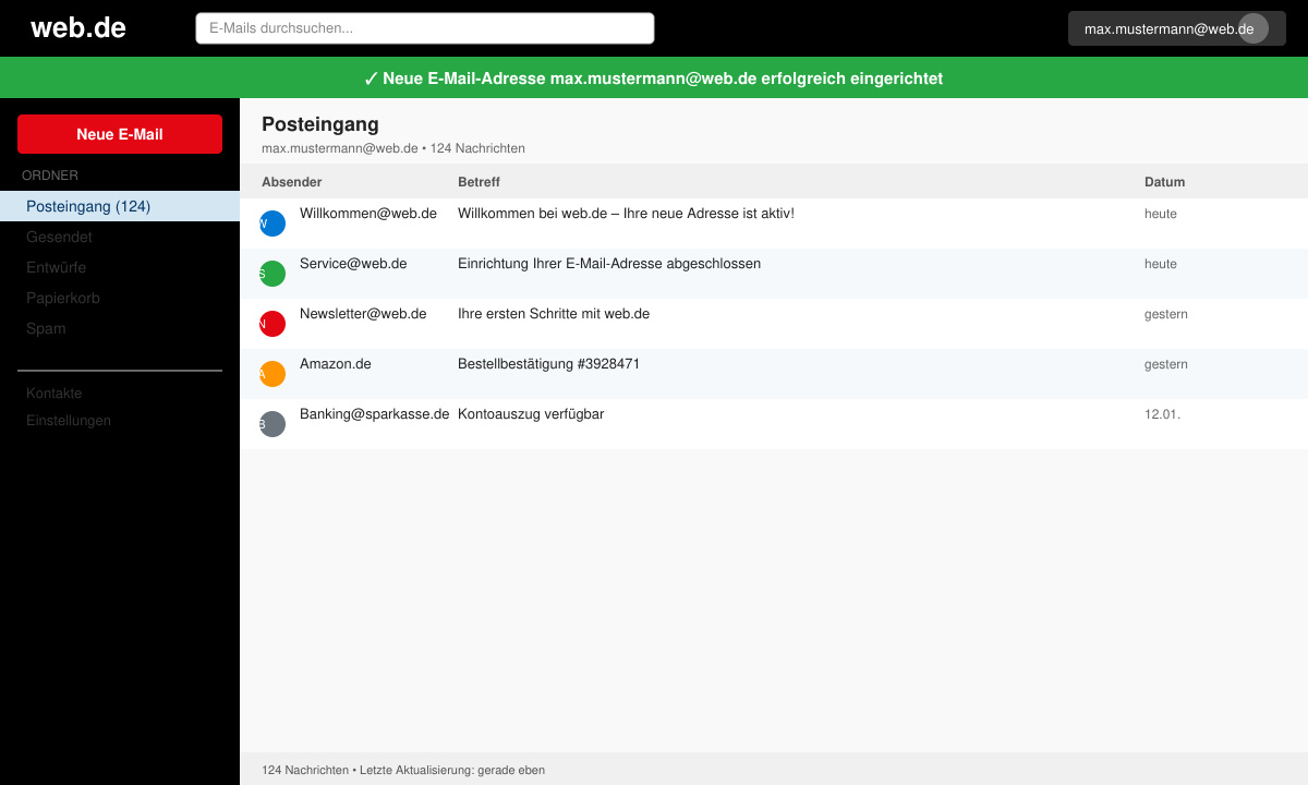 Erfolgreich erstelltes web.de Postfach nach dem neuen Email Adresse anlegen web de