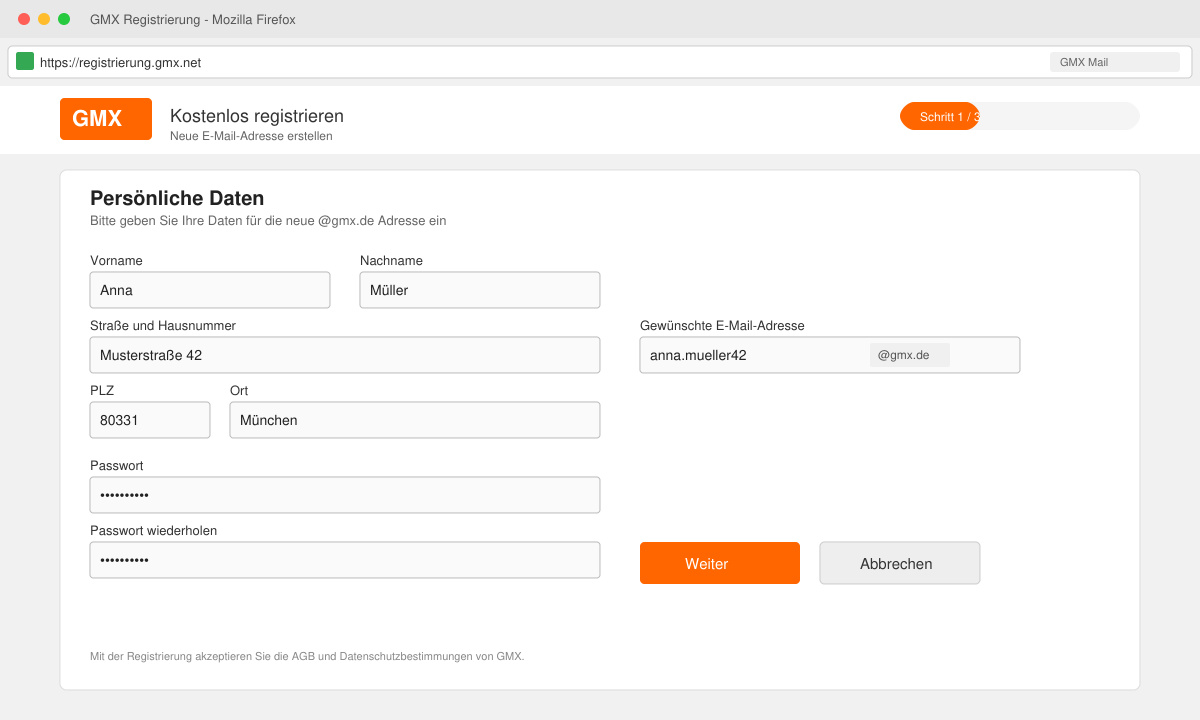 Screenshot der GMX Registrierungsseite mit Formularfeldern