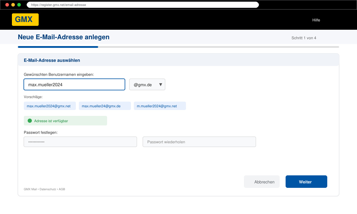 GMX Startseite mit Button zum Anlegen einer neuen E-Mail-Adresse