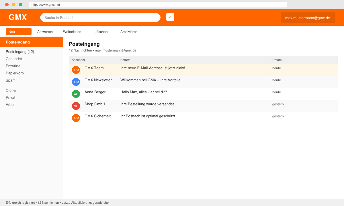 Erfolgreich erstelltes GMX-Postfach nach dem Anlegen einer neuen email adresse