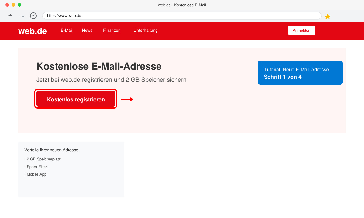 Browserfenster mit der Web.de Startseite und markiertem Registrierungsbutton