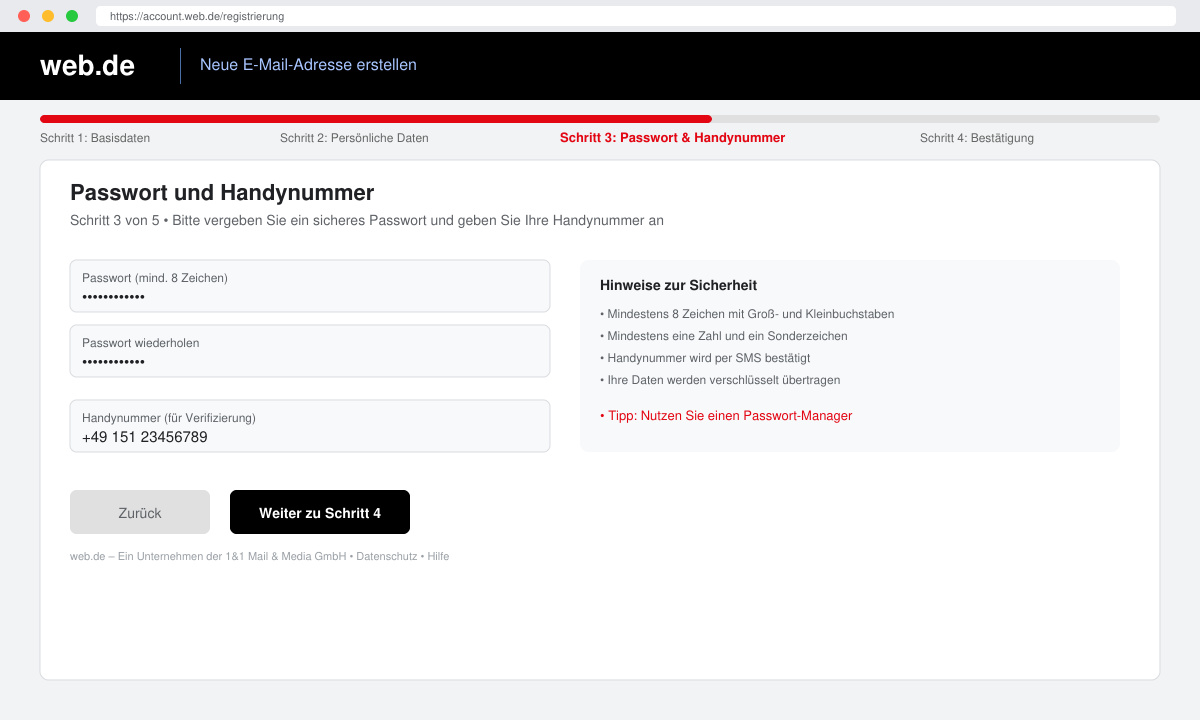 Formular zur Eingabe von Passwort und Handynummer bei Web.de