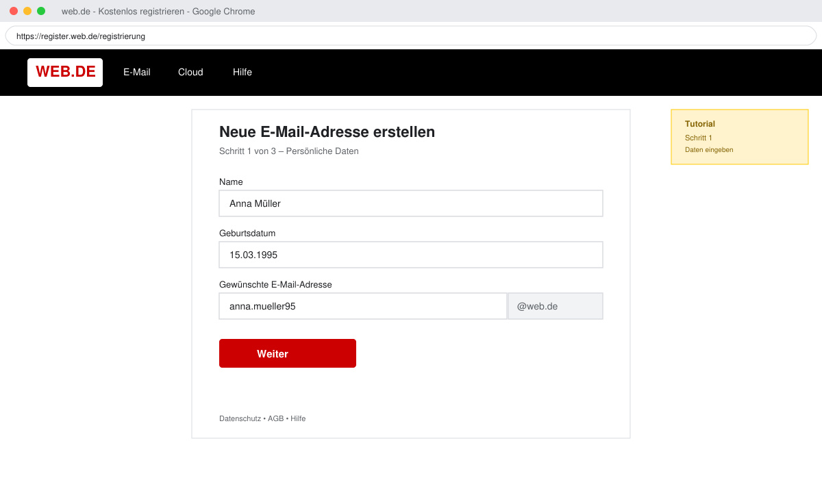 Registrierungsformular auf Web.de mit Feldern für Name und gewünschte E-Mail-Adresse