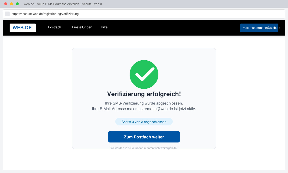 Bestätigungsseite nach erfolgreicher SMS-Verifizierung bei Web.de
