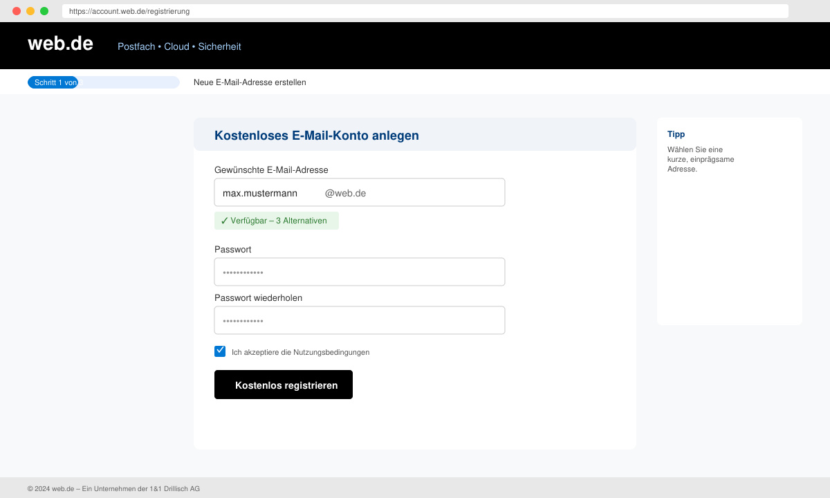 Screenshot des Anmeldeformulars mit Feldern für gewünschte E-Mail-Adresse und Passwort
