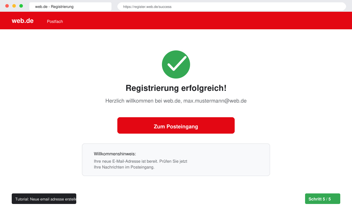 Bestätigungsseite nach erfolgreicher Registrierung mit Link zum Posteingang