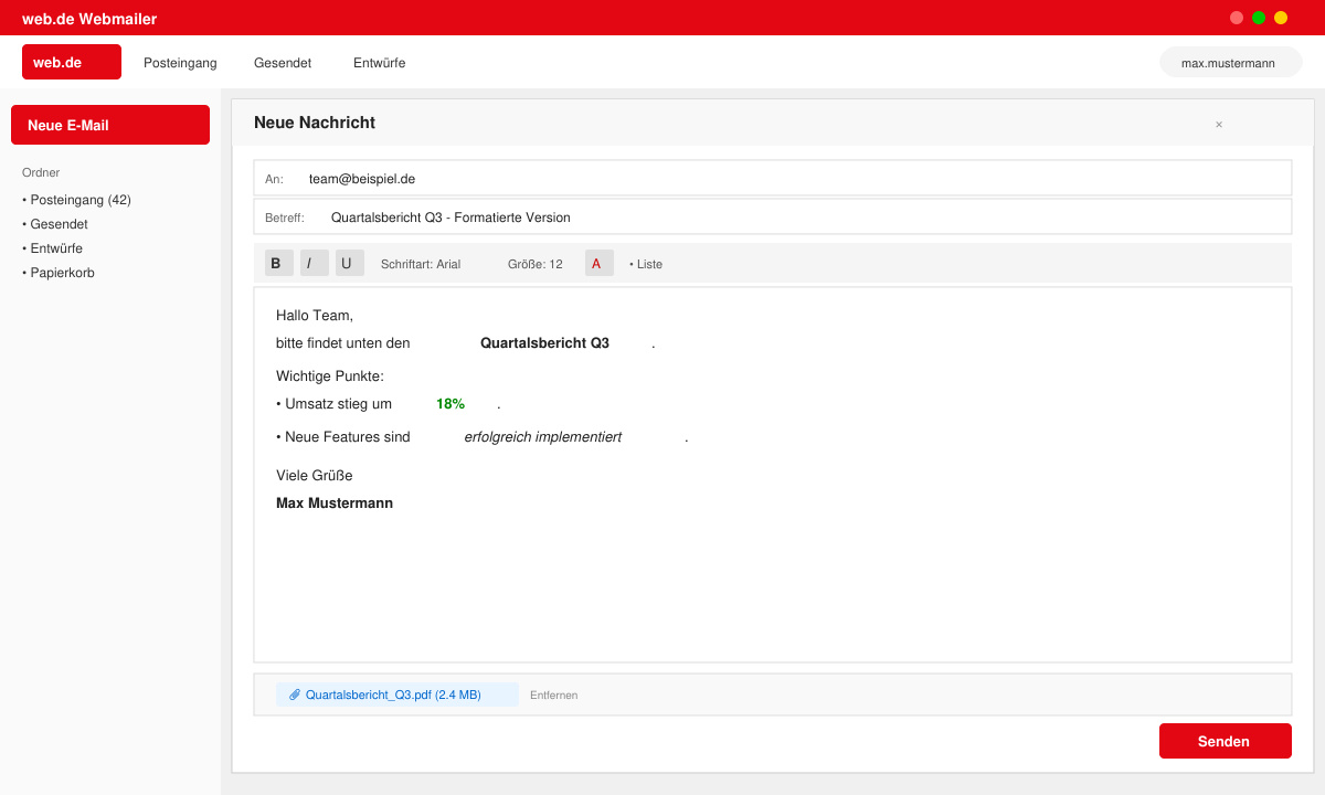 Formatierte E-Mail im web.de Editor mit Anhang