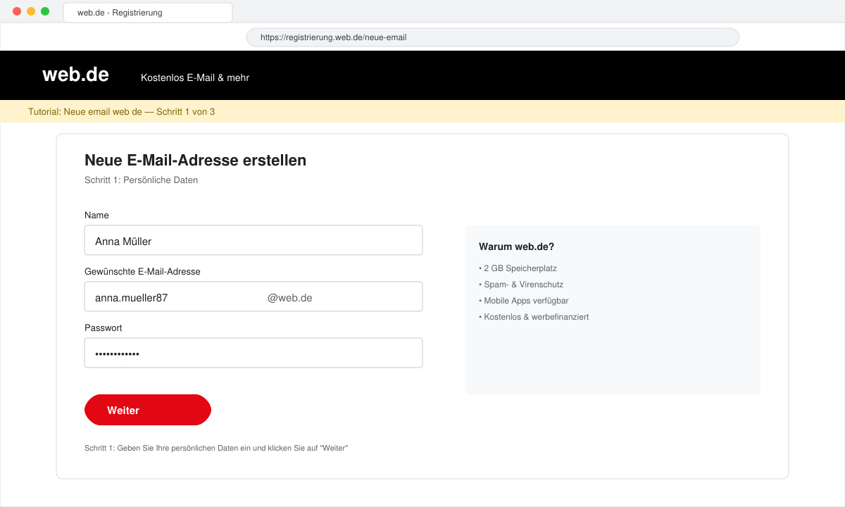 web.de Registrierungsseite mit Formular für neue E-Mail