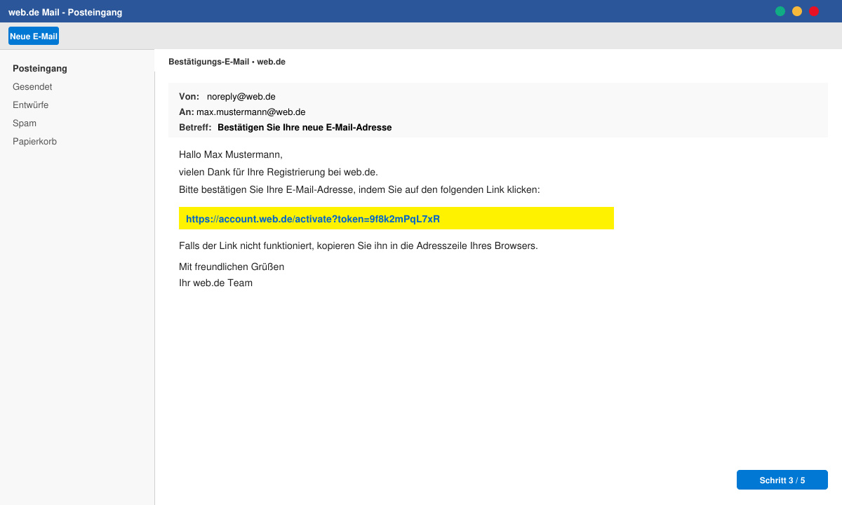 Bestätigungs-E-Mail von web.de mit Aktivierungslink