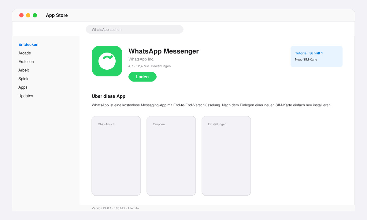 App Store Ansicht mit WhatsApp Installationsbutton