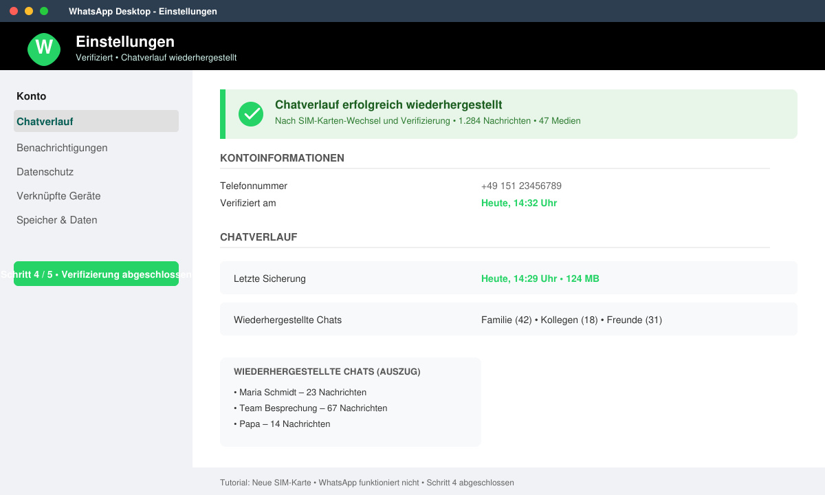 WhatsApp Einstellungen mit wiederhergestelltem Chat-Verlauf