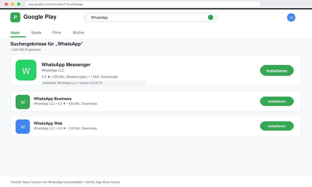 Bildschirm des Play Stores mit WhatsApp-Suchergebnis