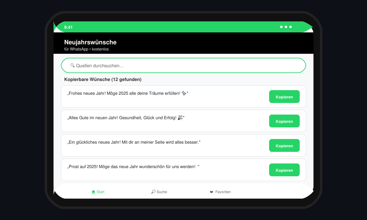 Nahaufnahme eines Handys, auf dem eine Liste mit kopierbaren Neujahrswünschen angezeigt wird