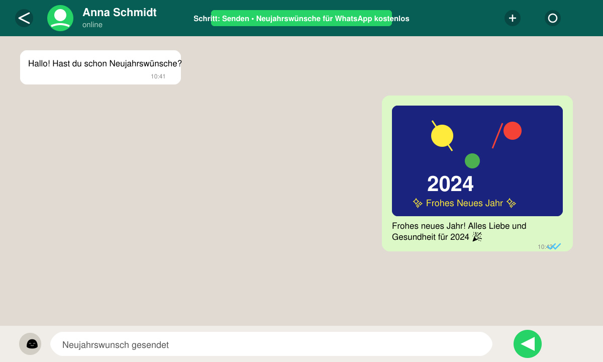 WhatsApp-Chat-Fenster mit versendetem Neujahrsgruß und Konfetti-Effekt
