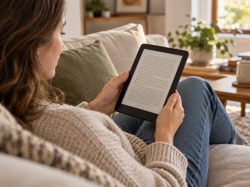 A reader sits on a sofa holding a black e-reader with a page of text on screen.