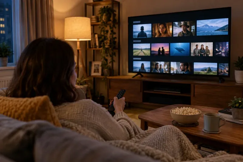 A viewer in a cozy living room browsing a movie streaming menu on a television with popcorn on the table
