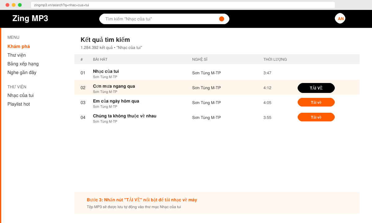 لقطة شاشة لصفحة نتائج البحث في Zing MP3 مع زر التحميل ظاهر