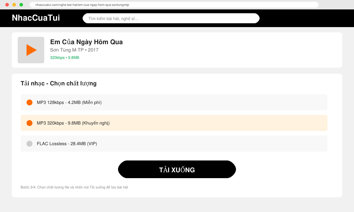 صورة توضح زر التحميل وخيارات الجودة في NhacCuaTui