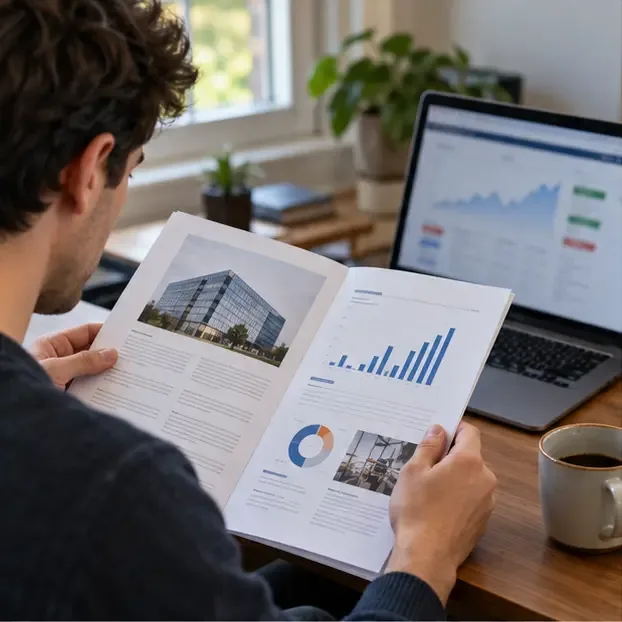 Un investisseur examine un rapport de résultats d'entreprise imprimé à côté d'un ordinateur portable affichant un graphique boursier générique.
