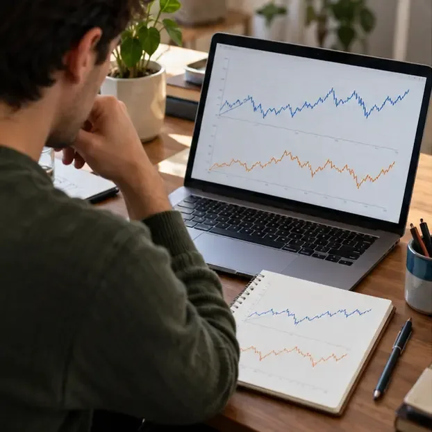 Un investisseur compare deux graphiques linéaires génériques, l'un sur un ordinateur portable et l'autre sur un bloc-notes, à un bureau.