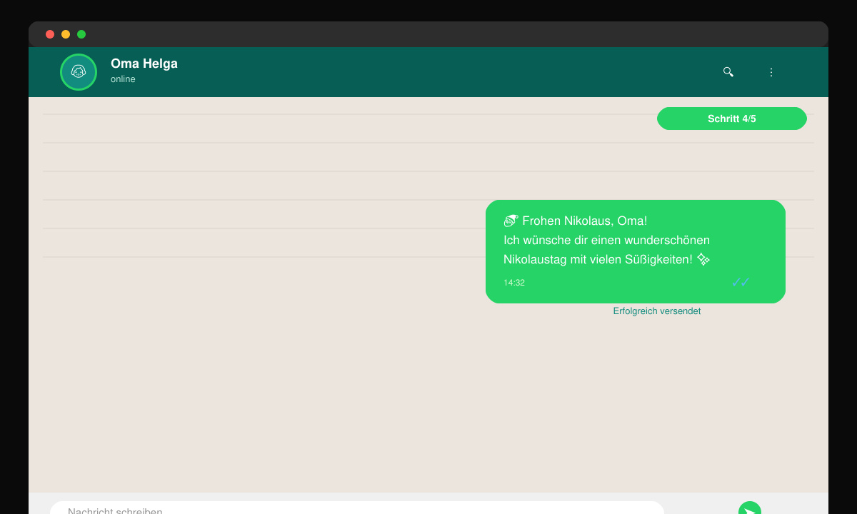 Erfolgreich versendeter Nikolaus-Gruß in einem WhatsApp-Chat mit zwei blauen Häkchen