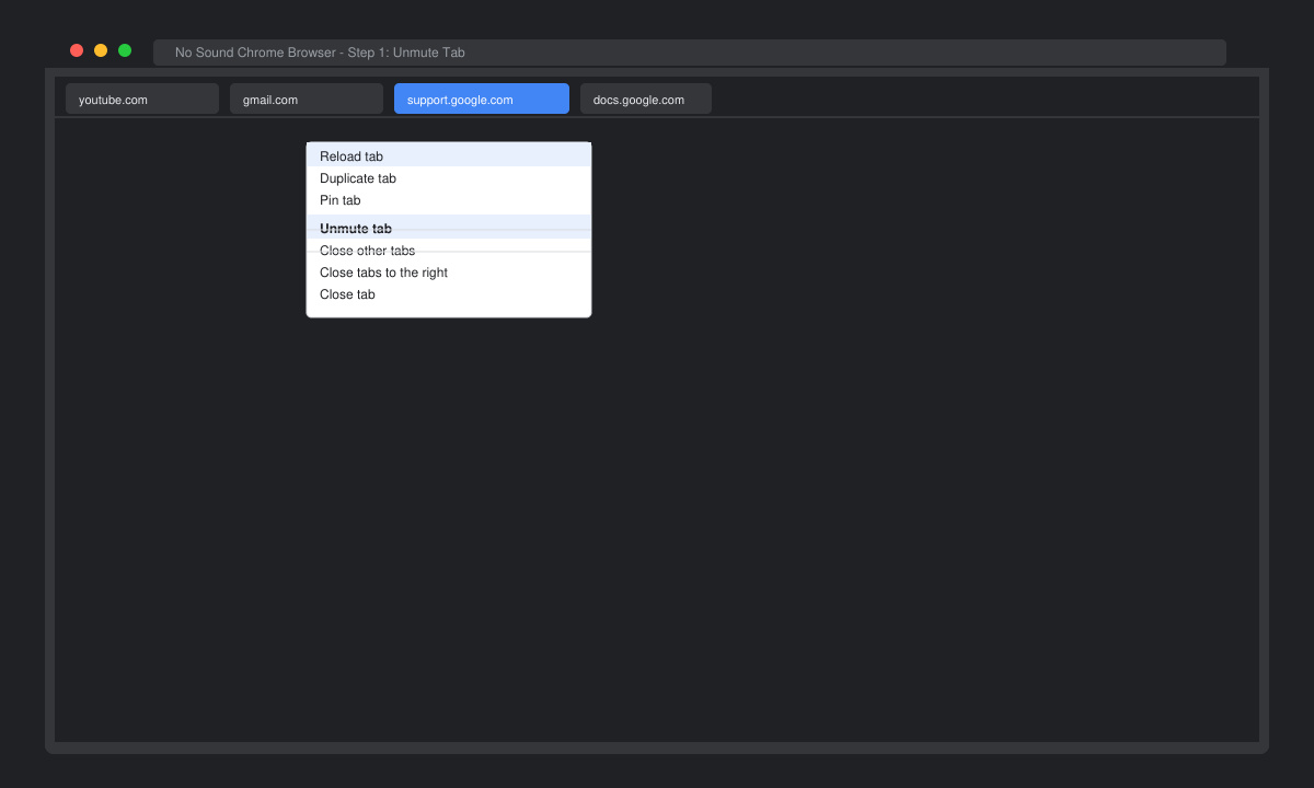 Close-up of Chrome tab context menu with Unmute option highlighted