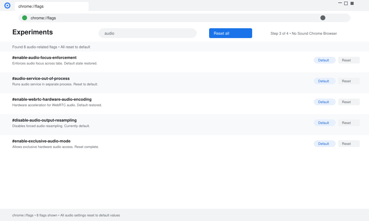 Chrome flags page displaying audio-related settings reset to default