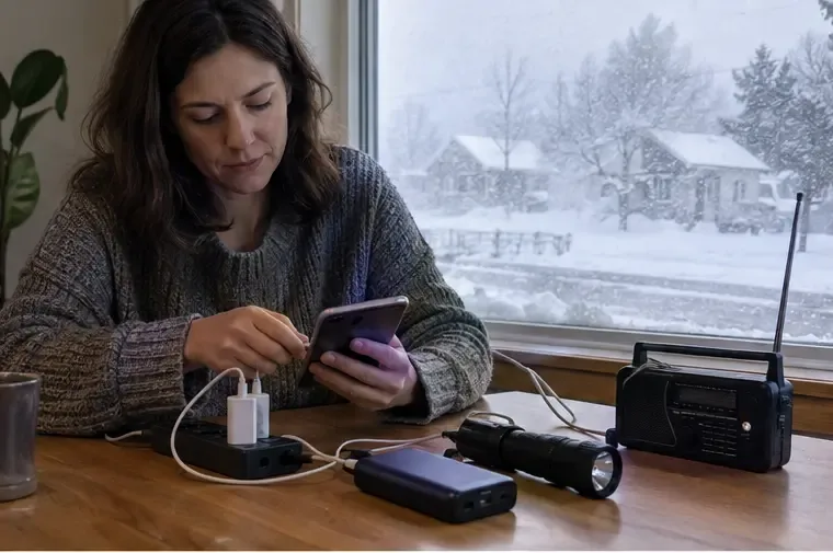 A woman checks a phone, flashlight, power bank, and NOAA-style radio beside a snowy window
