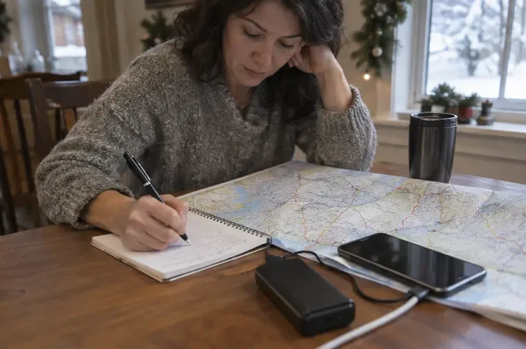 A woman writes an alternate travel route in a notebook beside a paper road map, phone, and power bank