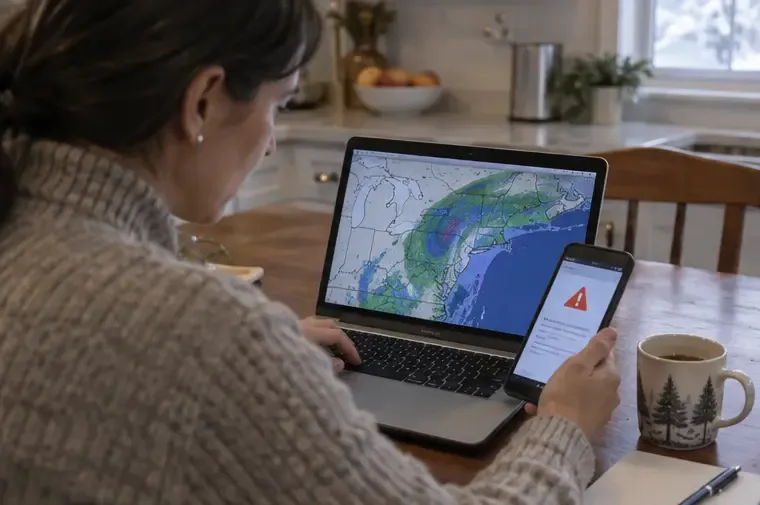 A woman reviews a Northeast weather map on a laptop while holding a phone with an alert