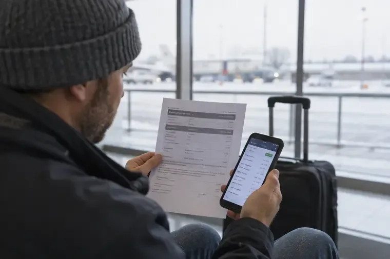 A traveler compares a printed itinerary and a phone at a snowy airport window
