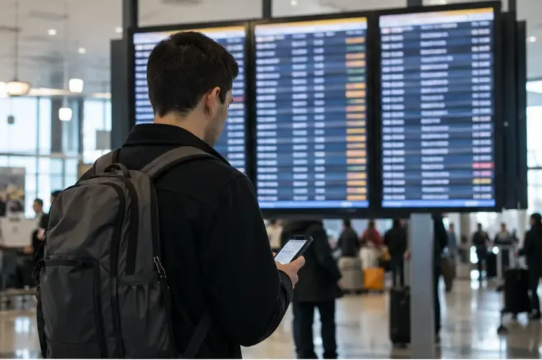 A traveler checks a phone beneath airport departure boards in a winter-weather terminal