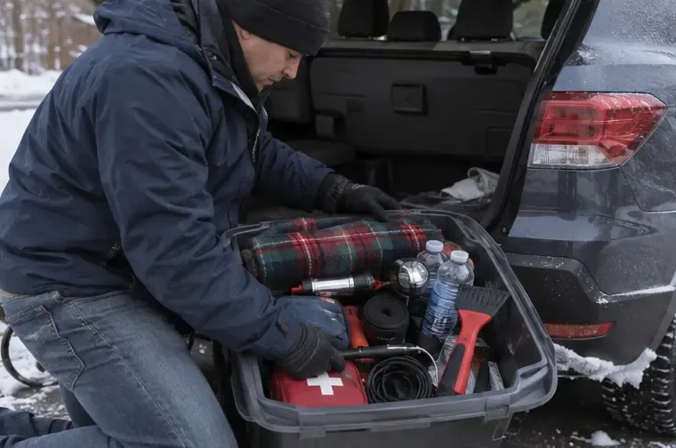 A person organizes a winter emergency kit with a blanket, water, flashlight, and tools beside a car