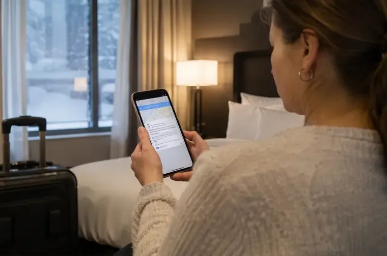 A traveler checks a phone in a hotel room with a suitcase beside a snowy window