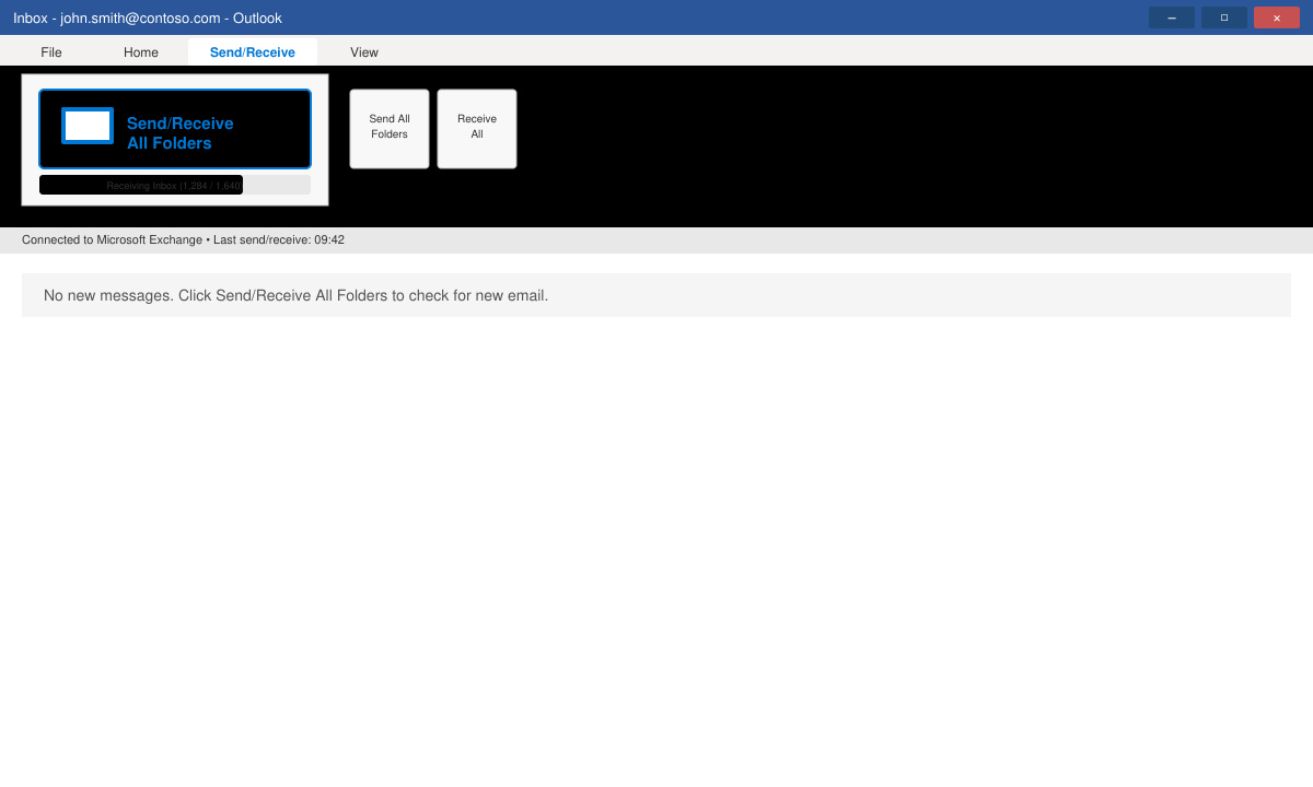 Close-up of Outlook Send/Receive tab with progress indicator