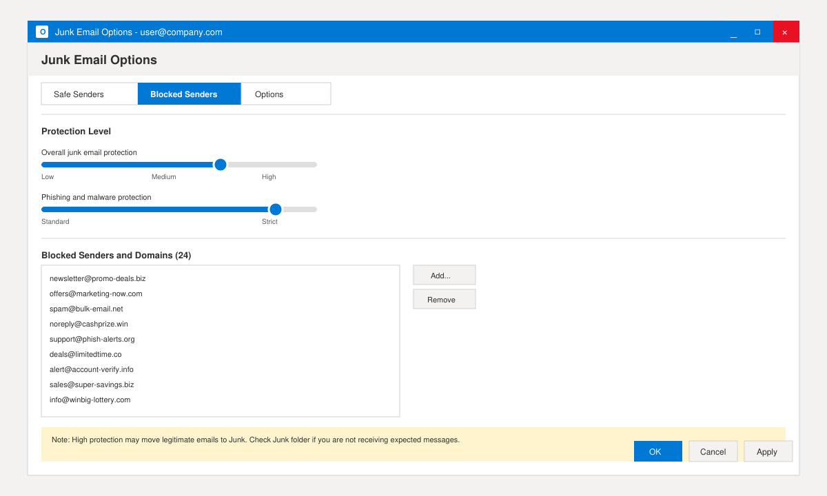 Outlook junk email settings panel showing blocked senders list