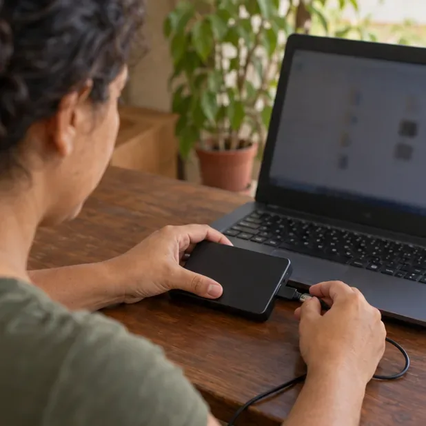 Uma pessoa conecta um dispositivo externo de armazenamento a um notebook aberto para copiar arquivos antes do descarte.