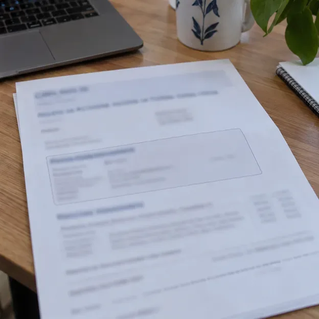 Attestation d’assurance maladie imprimée posée sur un bureau, informations personnelles floutées