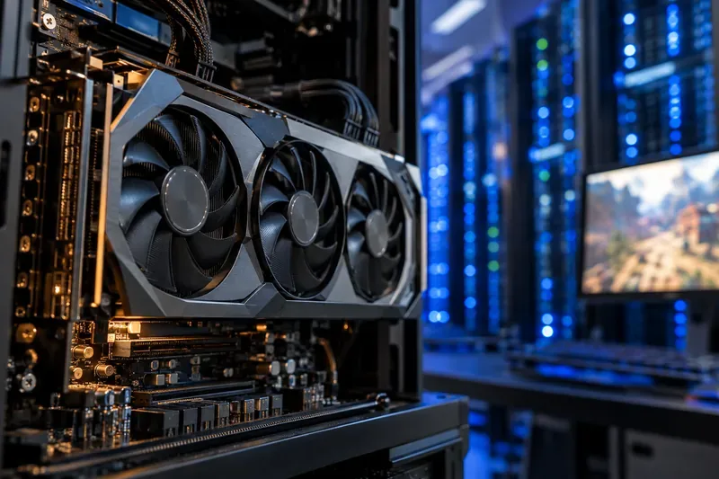 Scheda grafica montata in una workstation, con rack di server sfocati sullo sfondo e un monitor con una scena di gioco
