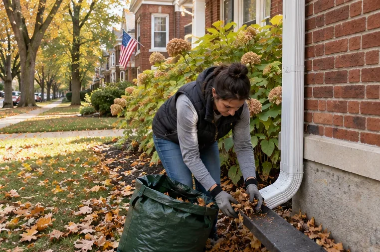 Resident removing autumn leaves near a downspout beside a brick Illinois home