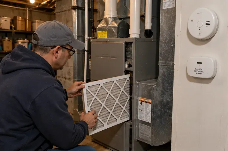 Homeowner checking a furnace filter beside smoke and carbon monoxide alarms during fall heating preparation