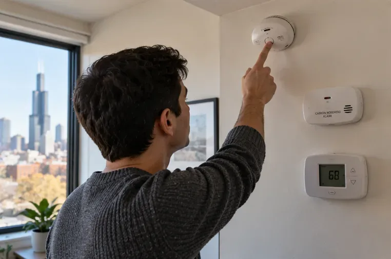 Chicago apartment resident pressing the test button on a smoke alarm near a carbon monoxide alarm and thermostat