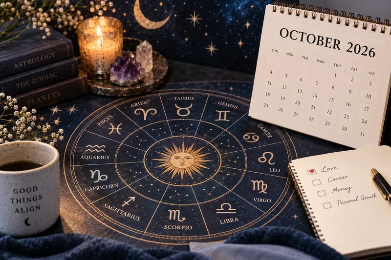 An October 2026 calendar beside a zodiac wheel, candles, crystals, books and a notebook listing love, career, money and personal growth.