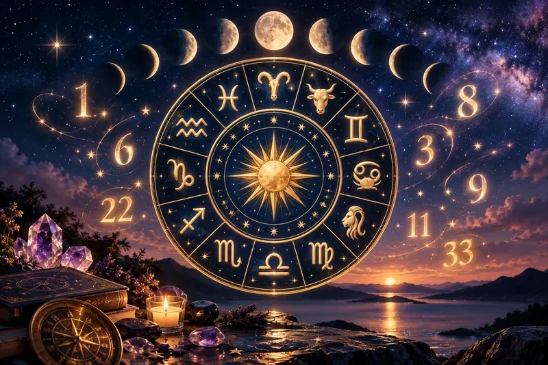 A golden zodiac wheel under moon phases with glowing numerals, crystals, books, a candle and an astrolabe beside a twilight lake