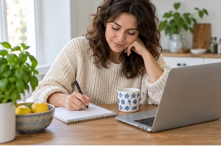 Una persona prende appunti su un quaderno accanto a un portatile, pianificando gli acquisti e il budget.