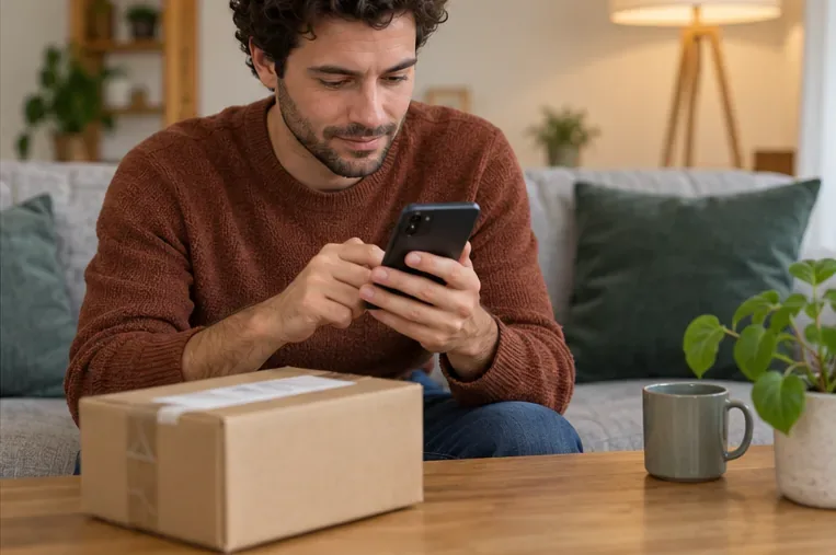 Un uomo controlla i dettagli di un ordine sul telefono accanto a un pacco ricevuto a casa.