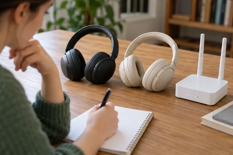 Due paia di cuffie e un router Wi-Fi sono disposti su un tavolo mentre una persona confronta i prodotti e prende appunti.